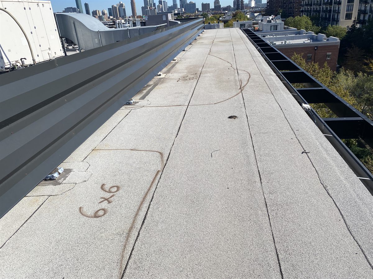 WeldLab moisture scan with chalk-marked wet zone boundaries and measurement grid on Chicago North Side flat roof, Chicago skyline visible in background
