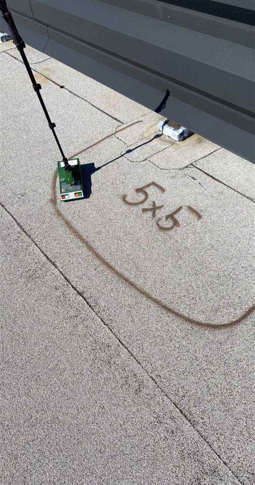 WeldLab nuclear moisture scanner positioned on flat roof surface with chalk measurement grid marking moisture survey zones